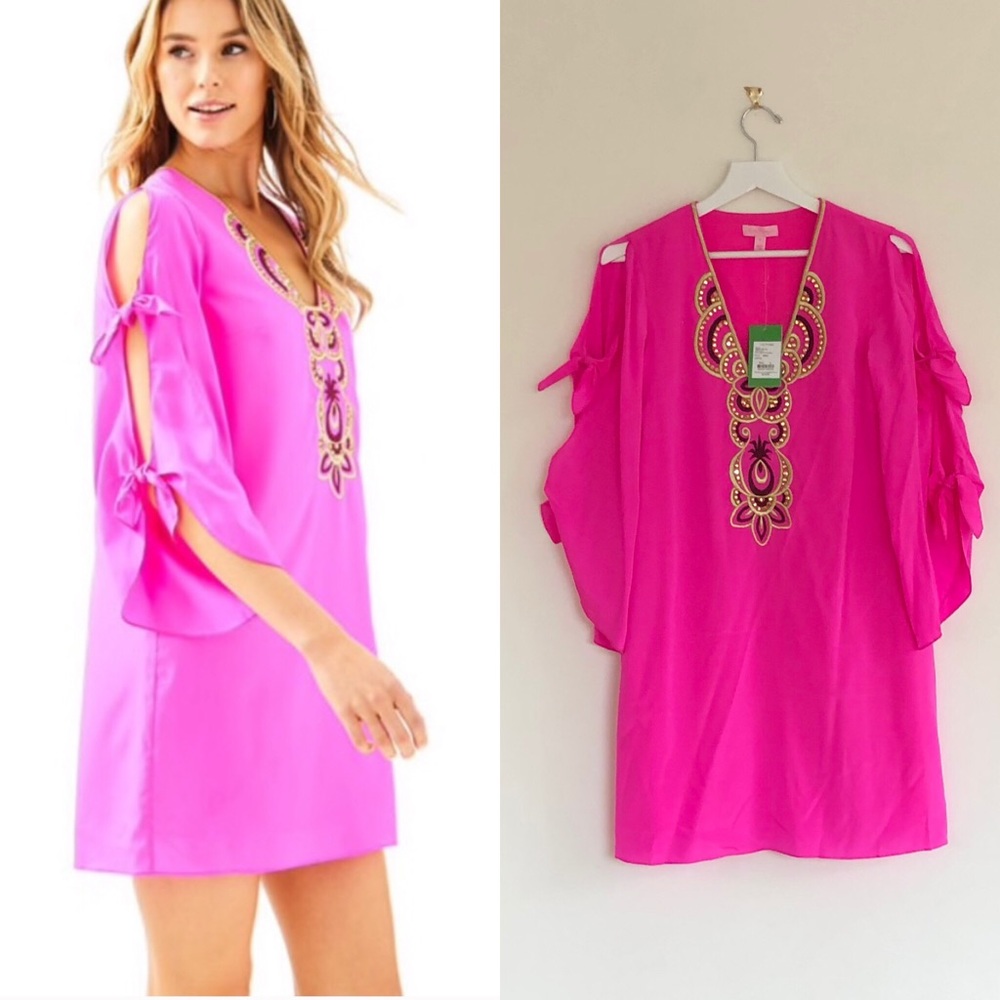Lilly Pulitzer Hot Pink Embroidered Cold Shoulder Shift Dress NWT Size S